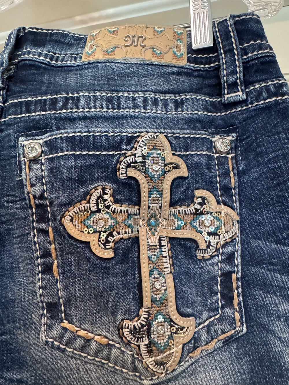 Miss Me Dark Blue Boot Cut Jeans with Embroidered Cross and Turquoise Accents
